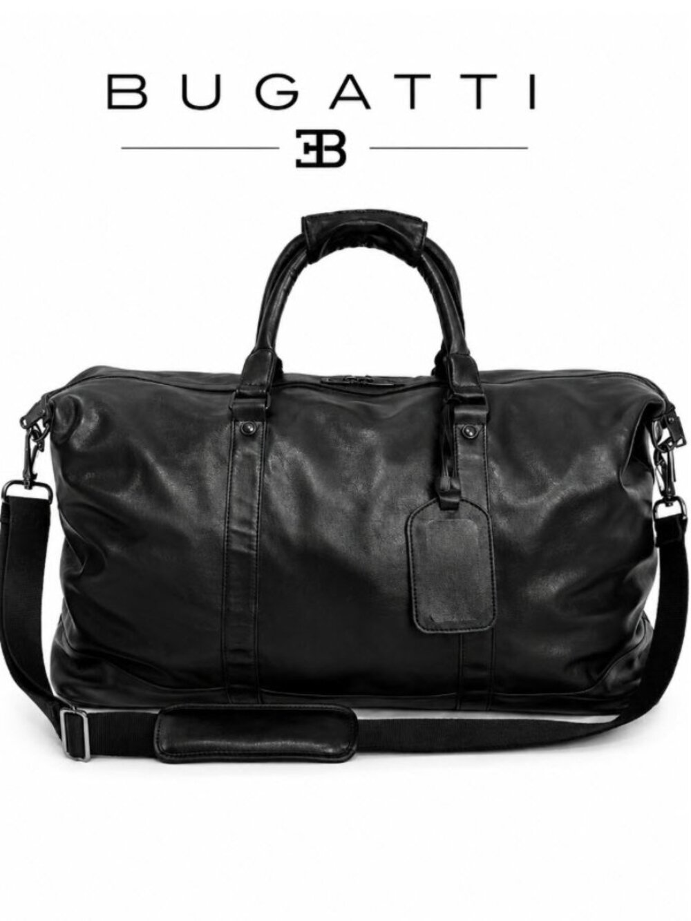 Bugatti Black Leather Weekender Duffel Travel Bag Shoulder Strap Carry-On